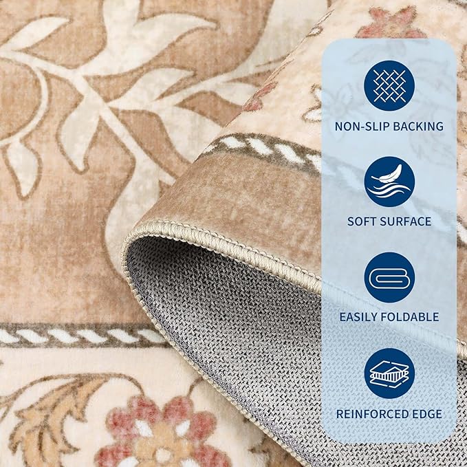 GarveeHome Provence 8x10 Area Rugs for Living Room, Botanical Grove Pink Brown Scroll Cottagecore Washable Rug for Bedroom Dining Nursery Low-Pile Vintage Large Carpet