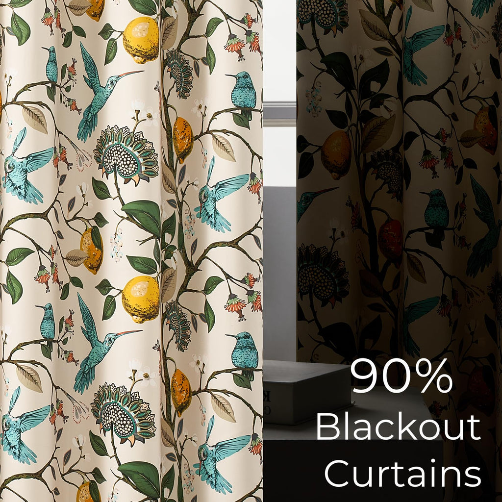 Topfinel Kitchen Curtains 45 Inch Length Beige Vintage Blackout Curtains for Cafe Kitchen Short Grommet Luxury Whimsical Floral Hummingbird Patterned 45 Inches Long for Living Room Bedroom