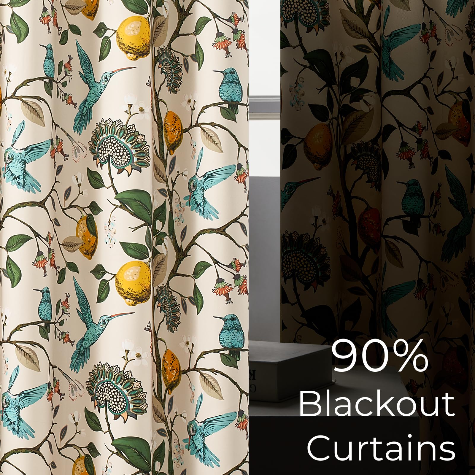 Topfinel Kitchen Curtains 45 Inch Length Beige Vintage Blackout Curtains for Cafe Kitchen Short Grommet Luxury Whimsical Floral Hummingbird Patterned 45 Inches Long for Living Room Bedroom