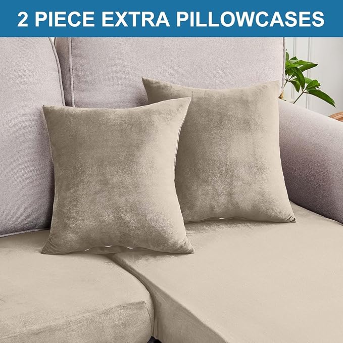 Taque Couch Cover 4-Piece Elastic Velvet Couch Cushion Covers & Chaise Slipcovers for L-Shaped Sofas - Sofa Seat Covers Washable, Soft Protector for Couches (3 Seater + Chaise, Taupe)