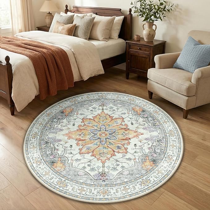 RELEANY Washable Area Rug, Round 4ft, Beige/Carbon Grey/Orange