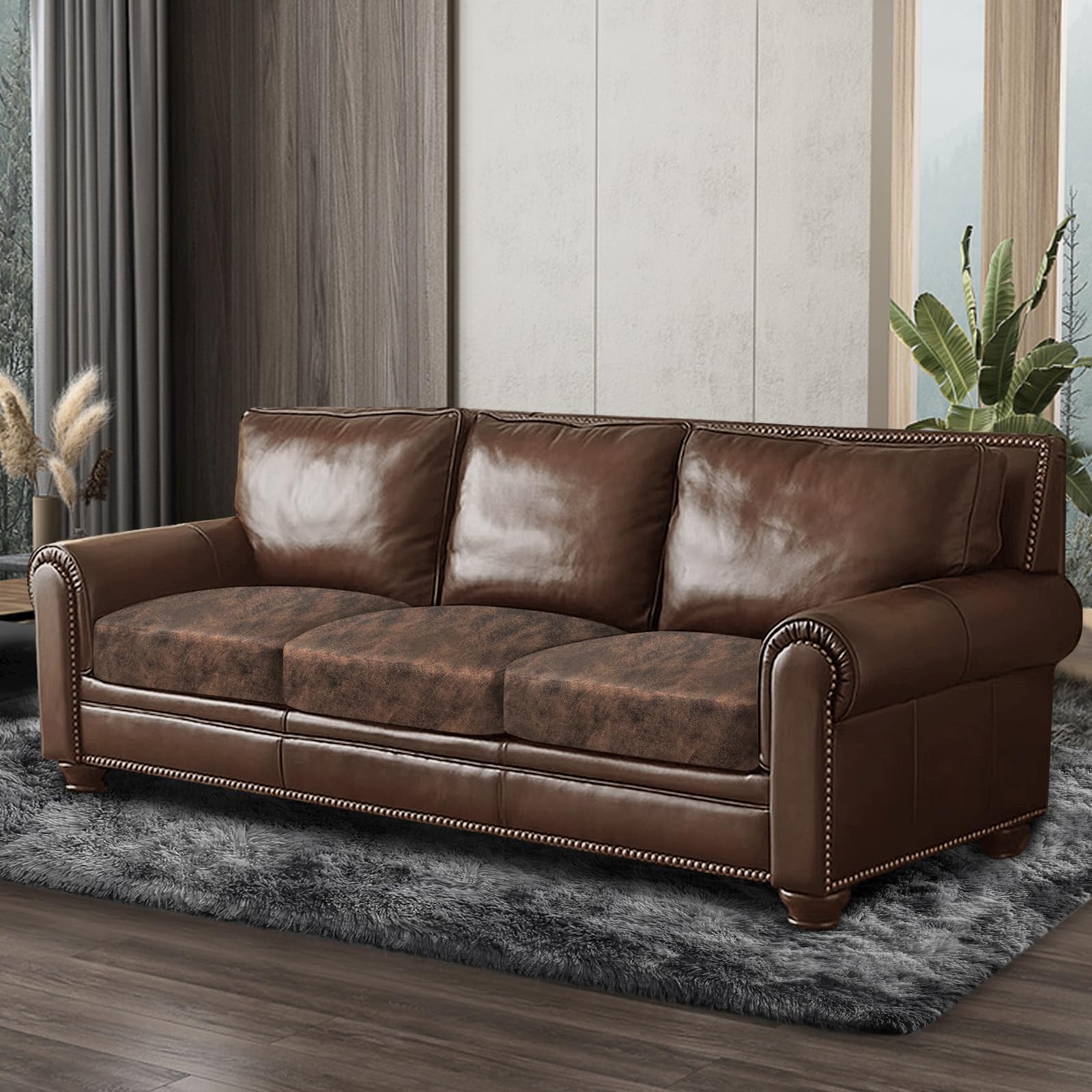 ANARACHON Leather Look Couch Cushion Covers Sofa Seat Slipcovers Sets Couches Furniture Protector for Sectional Armchair Loveseat Pets Kids Stretch Spandex Fabric (3 Cushion XL Sofa, Dark Brown)