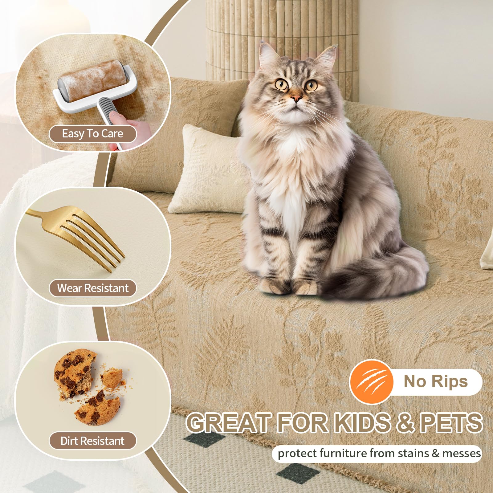 HANDONTIME Washable Couch Covers for Sofa Boho Couch Covers for 3 Cushion Sofa Pet Friendly Camel Chenille Jacquard Couch Protector for Dogs Plant Branch Sectional Cover Sofa Slipcovers, 71" X 118"