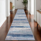 KOZYFLY Modern Abstract Washable Rug Runner 2.6x14 Hallway Rug Runner Non-Slip Soft Kitchen Runner Rugs, Blue/Grey/Beige Striped Carpet for Entryway Bathroom Laundry Room Foyer