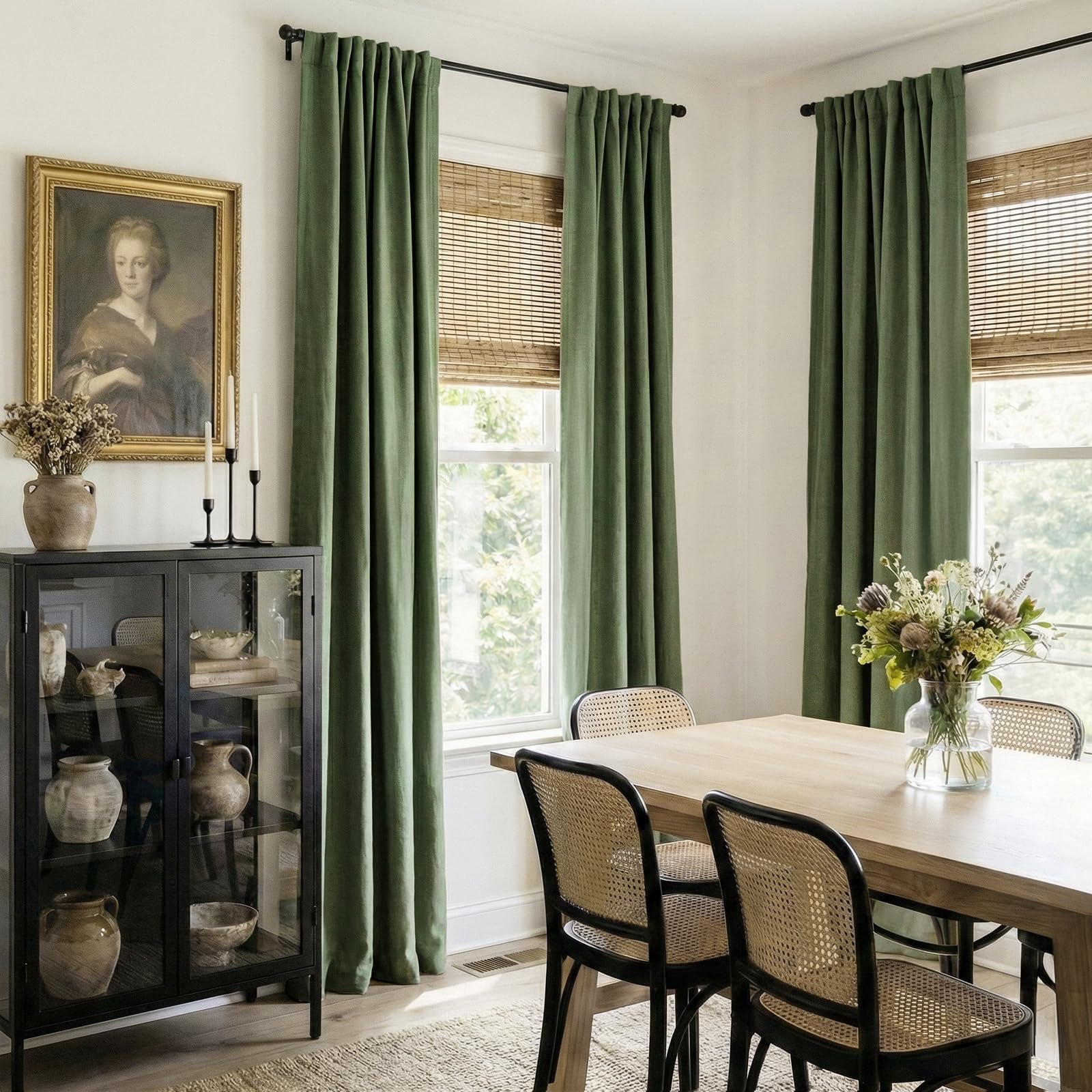 Faux Linen Total Blackout Curtains for Bedroom 102 Inches Long, Olive Green