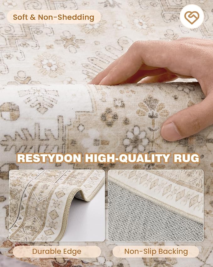 Restydon Washable Runner Rug 2.5x16, Non-Slip Long Kitchen Rugs,Cream/Beige