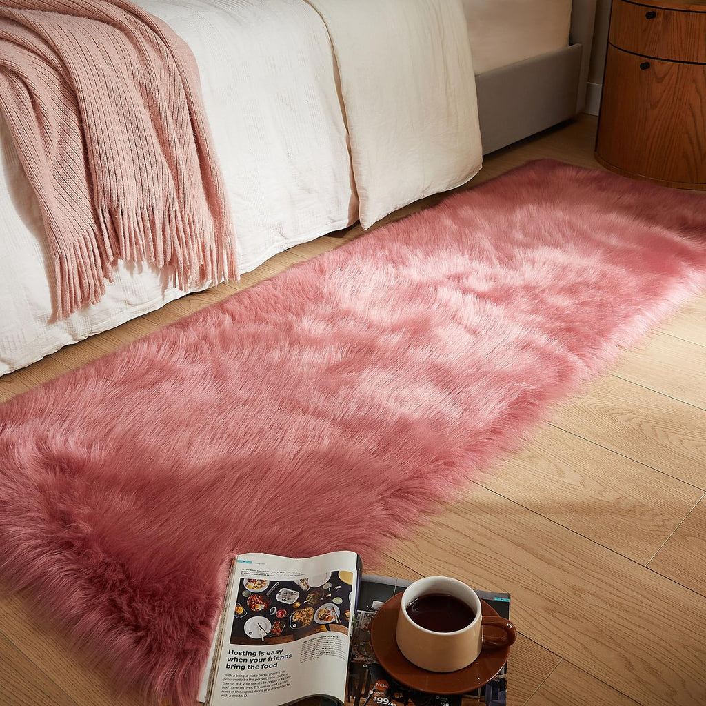 AMTOVO Faux Fur Rug, Blush Pink Ultra Soft Fluffy Shag Sheepskin Rug, 2 x 6 ft Runner Area Rugs for Bedroom Sofa Throw Cushion Room Decor, Rectangle