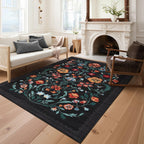GarveeHome Washable Rug 5x7 Area Rugs for Living Room, Floral Rug for Bedroom, Soft Boho Non Slip Throw Rugs with Rubber Back, Low Pile Stain Resistant Vintage Floral Carpet for Dining Room, Black