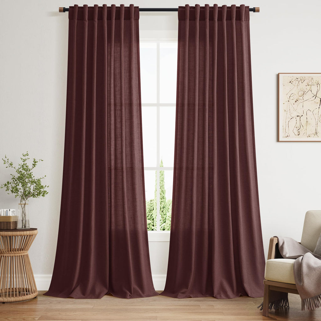 Nanspring Reddish Brown Linen Blend Light Filtering Back Tab Curtains 108 Inches Long, Semi Sheer Privacy Drapes for Living Room & Bedroom, 52x108 inch, 2 Panels