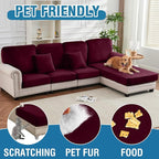 Couch Cover 6-Piece Elastic Velvet Couch Cushion Covers & Chaise Slipcovers for L-Shaped Sofas, Sofa Seat Covers Washable, Soft Cover for Couches (5 Seater + Chaise, Wine)