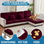 Taque Couch Cover 6-Piece Elastic Velvet Couch Cushion Covers & Chaise Slipcovers for L-Shaped Sofas, Sofa Seat Covers Washable, Soft Cover for Couches (5 Seater + Chaise, Wine)