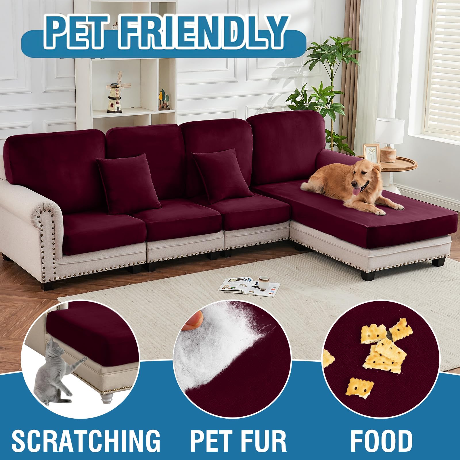 Taque Couch Cover 6-Piece Elastic Velvet Couch Cushion Covers & Chaise Slipcovers for L-Shaped Sofas, Sofa Seat Covers Washable, Soft Cover for Couches (5 Seater + Chaise, Wine)