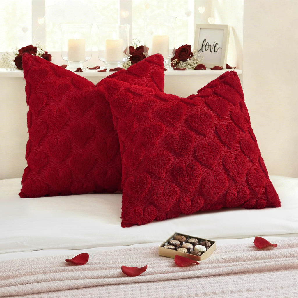 decorUhome Red Heart Cute Girl Faux Fur Throw Pillow Covers 18x18 Set of 2