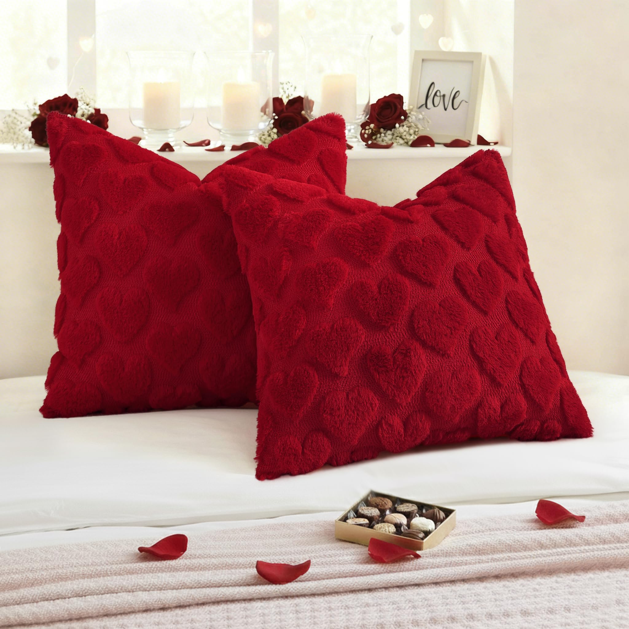 decorUhome Red Heart Cute Girl Faux Fur Throw Pillow Covers 18x18 Set of 2