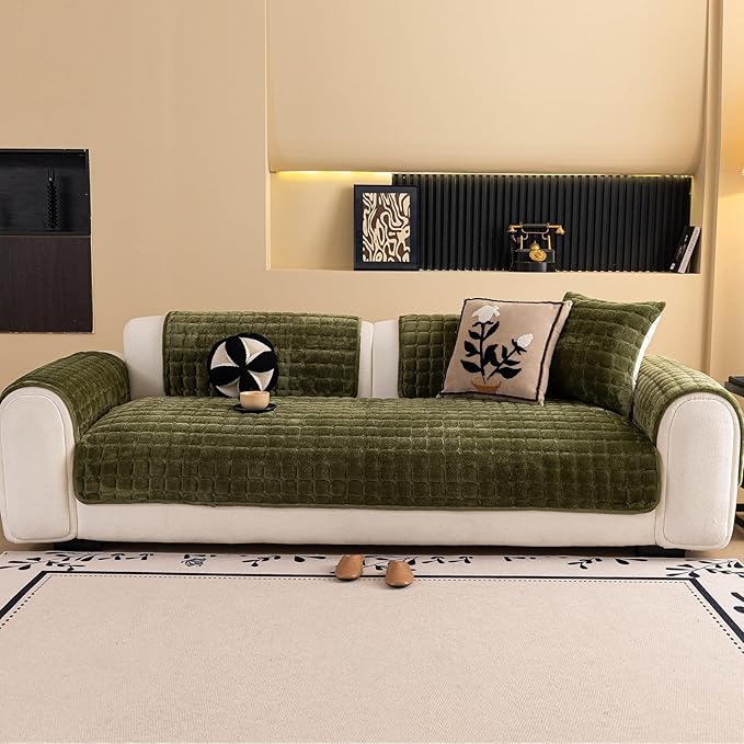 Velvet Couch Cover, Washable Sectional Sofa Cover, Anti Slip Sofa Slipcover for 3 Cushion Couch Sofa L Shaped Armrest Backrest, Furniture Protector Covers for Pets Kids(1PC,Green,36"×63")