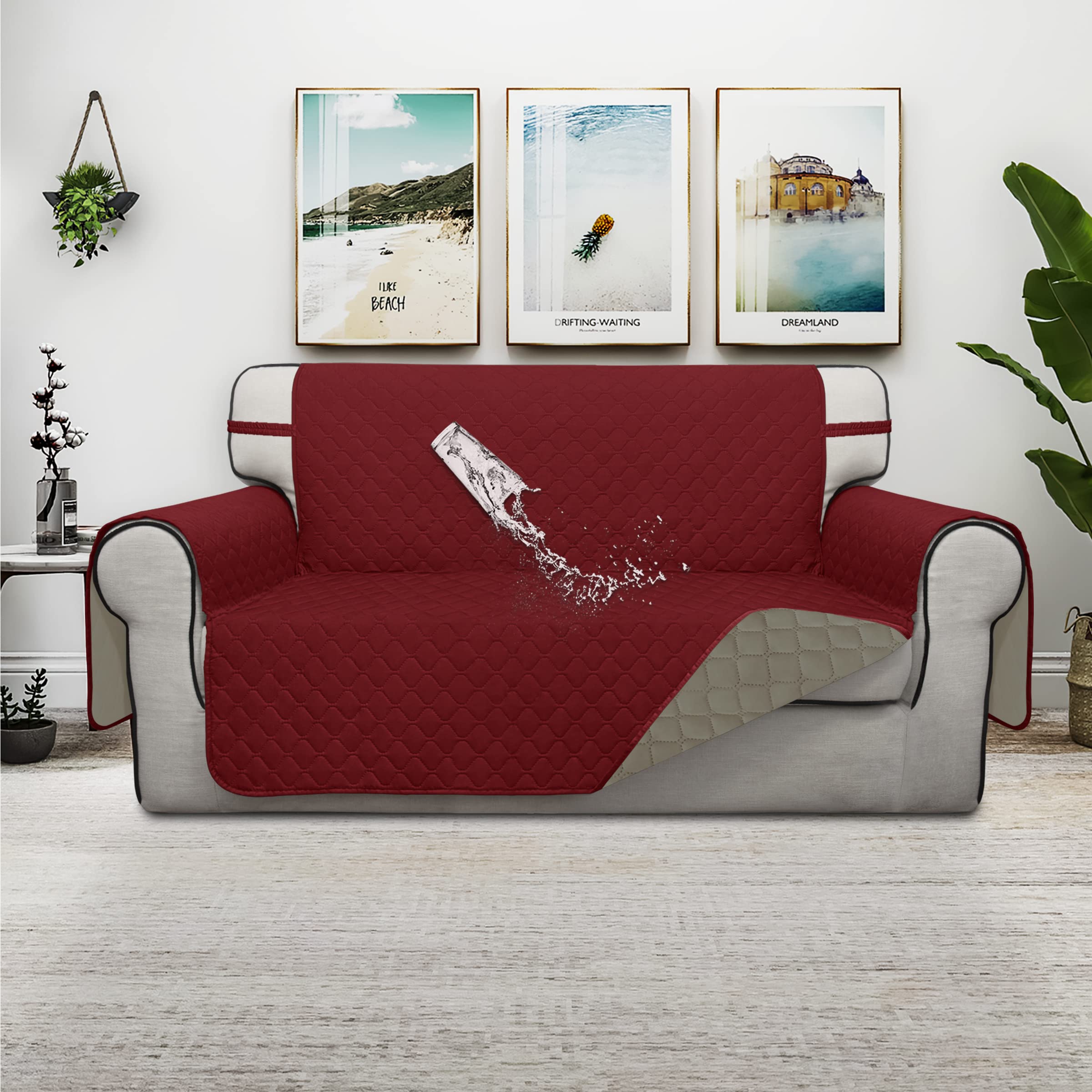 ISSUNTEX Double Protection 100% Waterproof Loveseat Sofa Covers for Living Room, Couch Covers for 2 Cushion Couch, Reversible Furniture Protector Sofa Cover for Dogs (Loveseat, Christmas Red/Beige)