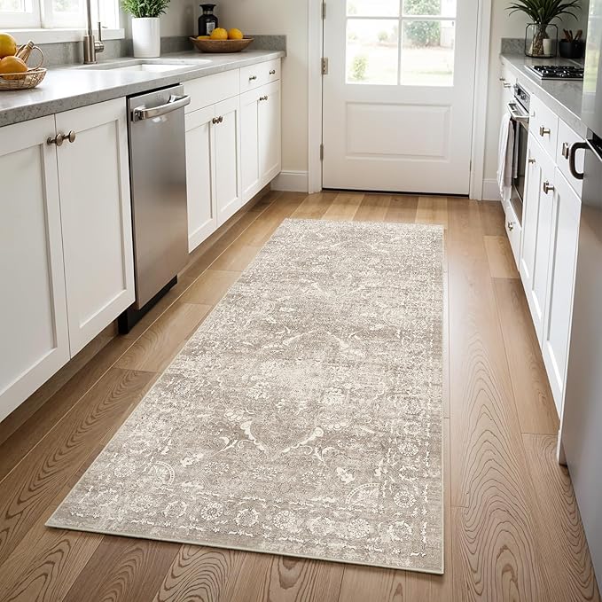 3x8 Washable Runner Rug: Vintage Medallion Kitchen Soft Rugs NaturalBeige