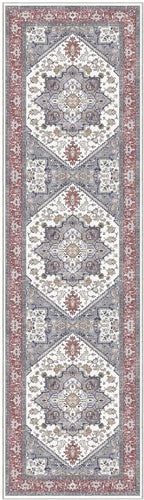 OPPODREAM Soft Entryway Rug 2x8, 2x8 Rug Runner, Washable Hallways Carpet 2 x 8 with Non Slip Backing, Low-Pile Bedside Carpet 2 x 8, Long, Faux Cashmere, Red & Grey