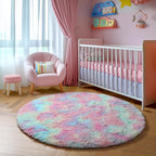 Amdrebio Rainbow Fluffy Round Rug 7Ft Kids Rugs for Girls Bedroom, Unicorn Room Decor, Colorful Pastel Big Large Carpet for Baby Nursery Playroom, Cute Shaggy Kawaii Circle Area Rug for Teen Princess