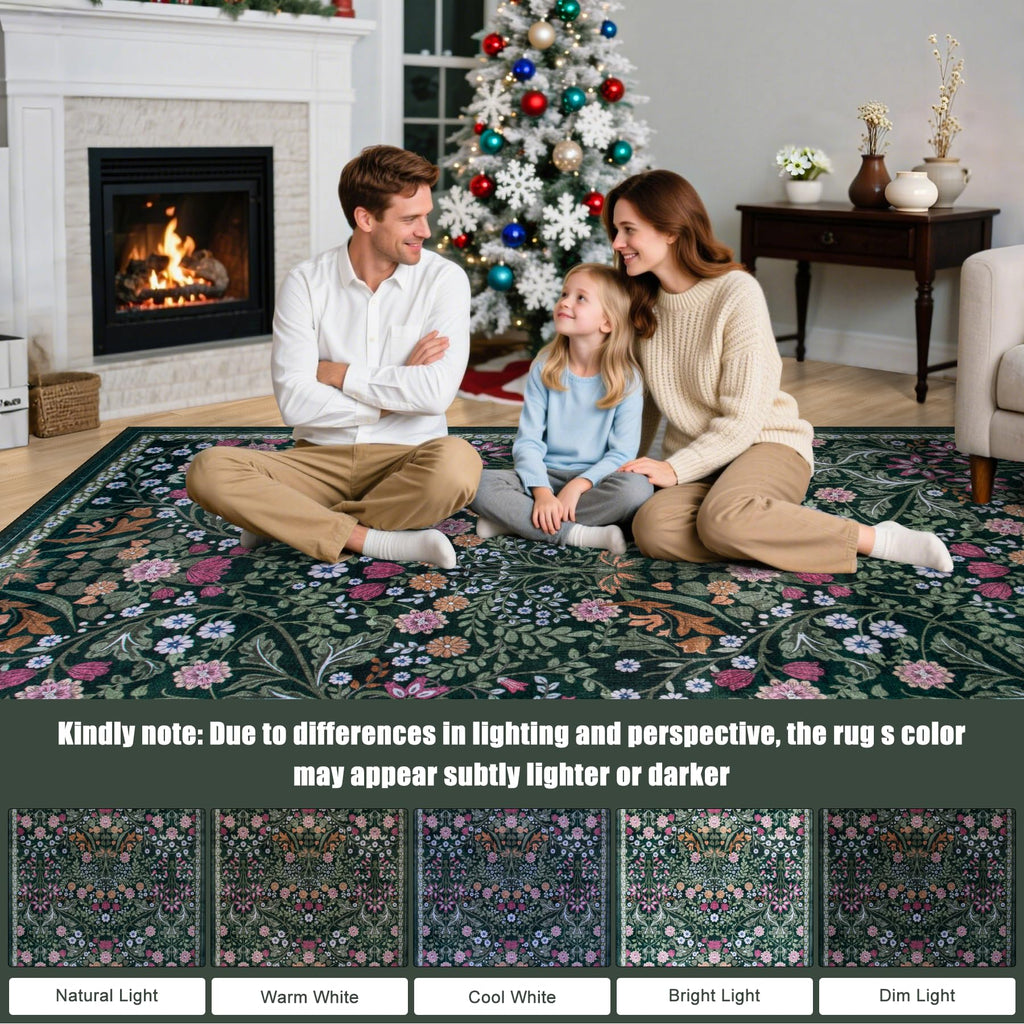 PLHXFR Area Rug Living Room: 4x6 Floral Washable Boho Carpet Dark Green
