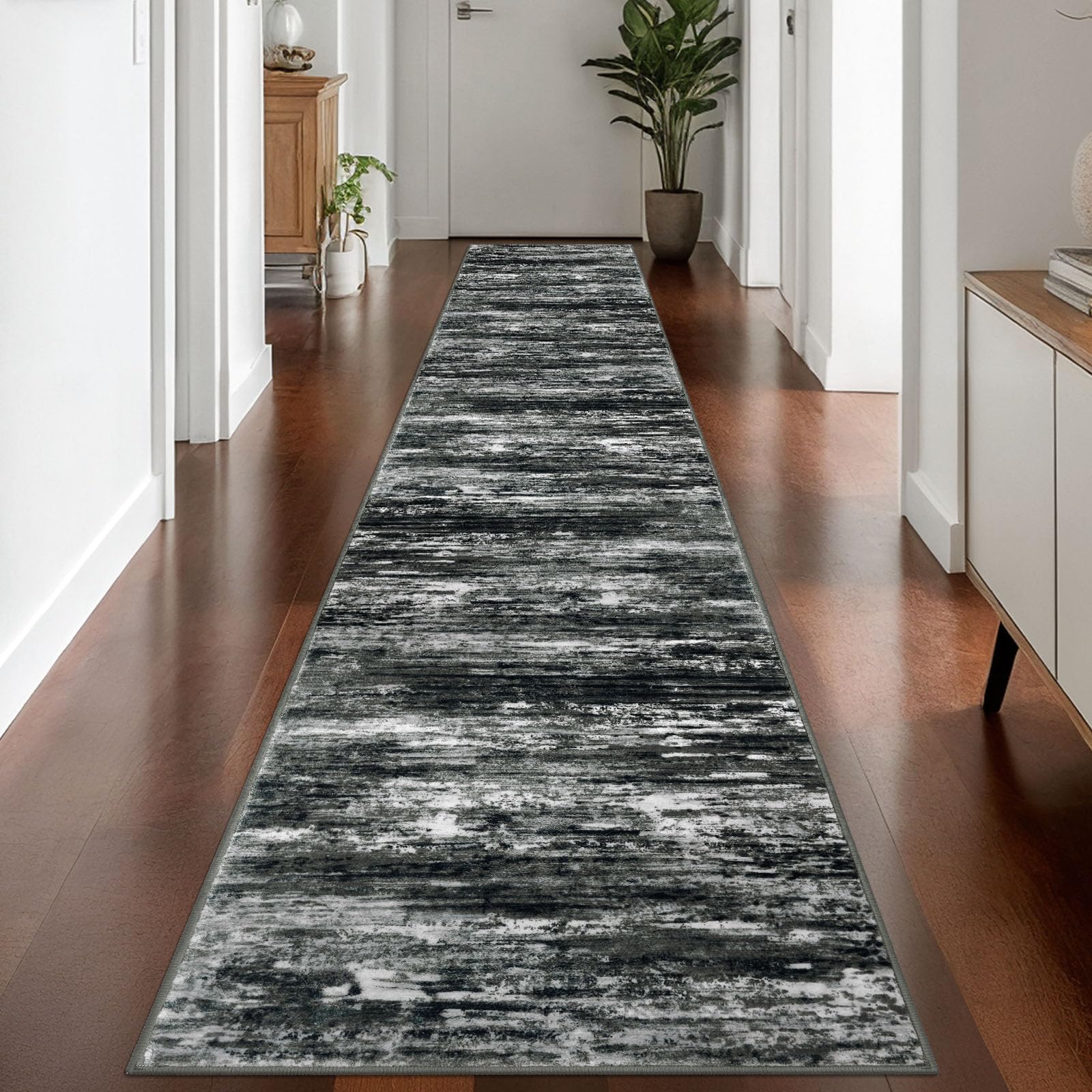 KOZYFLY Modern Abstract Washable Rug Runner 2.6x14 Hallway Rug Runner Non-Slip Soft Kitchen Runner Rugs, Black Grey Striped Carpet for Entryway Bathroom Laundry Room Foyer