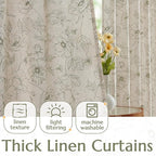 jinchan Floral Linen Curtains for Living Room 96 Inch Length Green Flower Curtain Rod Pocket Back Tab Farmhouse Curtains with Printed Floral Bedroom Window Curtain Set, 2 Panels Green