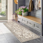 Yamaziot Washable Runner Rug 2x10 – Floral Non Slip Boho Hallway Runner Rug with Rubber Backing, Low Pile Faux Wool Distressed Carpet for Kitchen, Laundry, Bedroom, Entrance, Brown