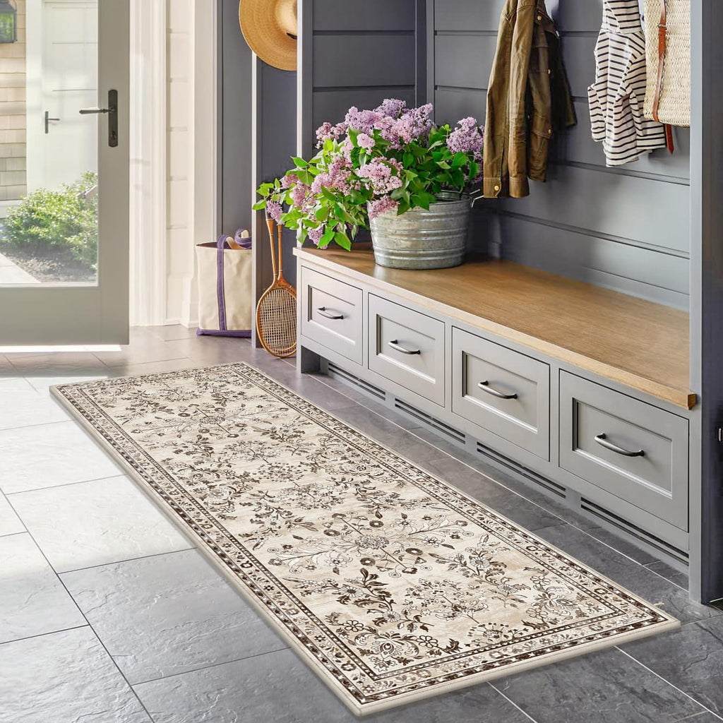 Yamaziot 2x10 Washable Hallway Runner Rug Non Slip Floral Carpet, Brown