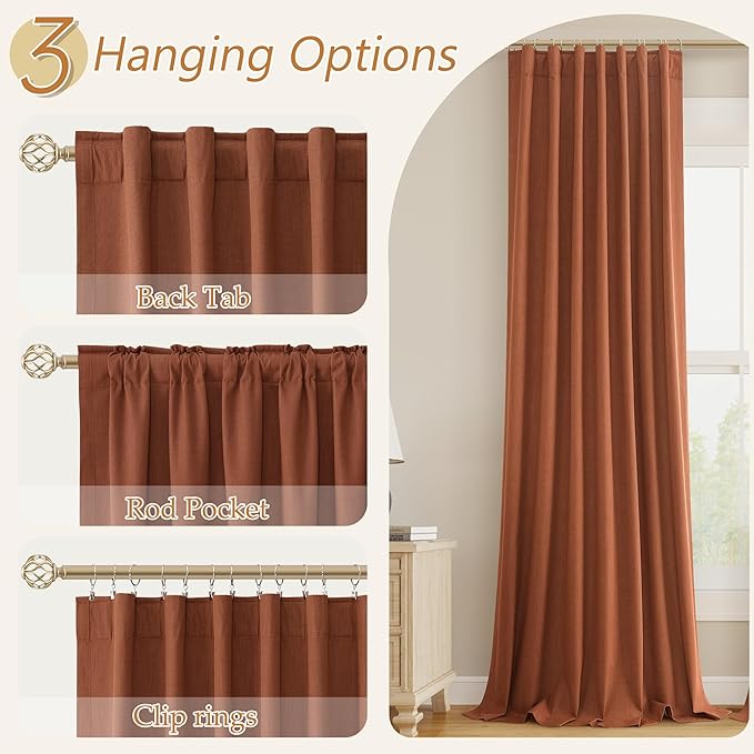Guken Terracotta 100% Blackout Curtains 84 Inch Length 2 Panels Set Fall Curtains for Living Room Bedroom Back Tab Thermal Insulated Black Out Linen Drapes，52x84
