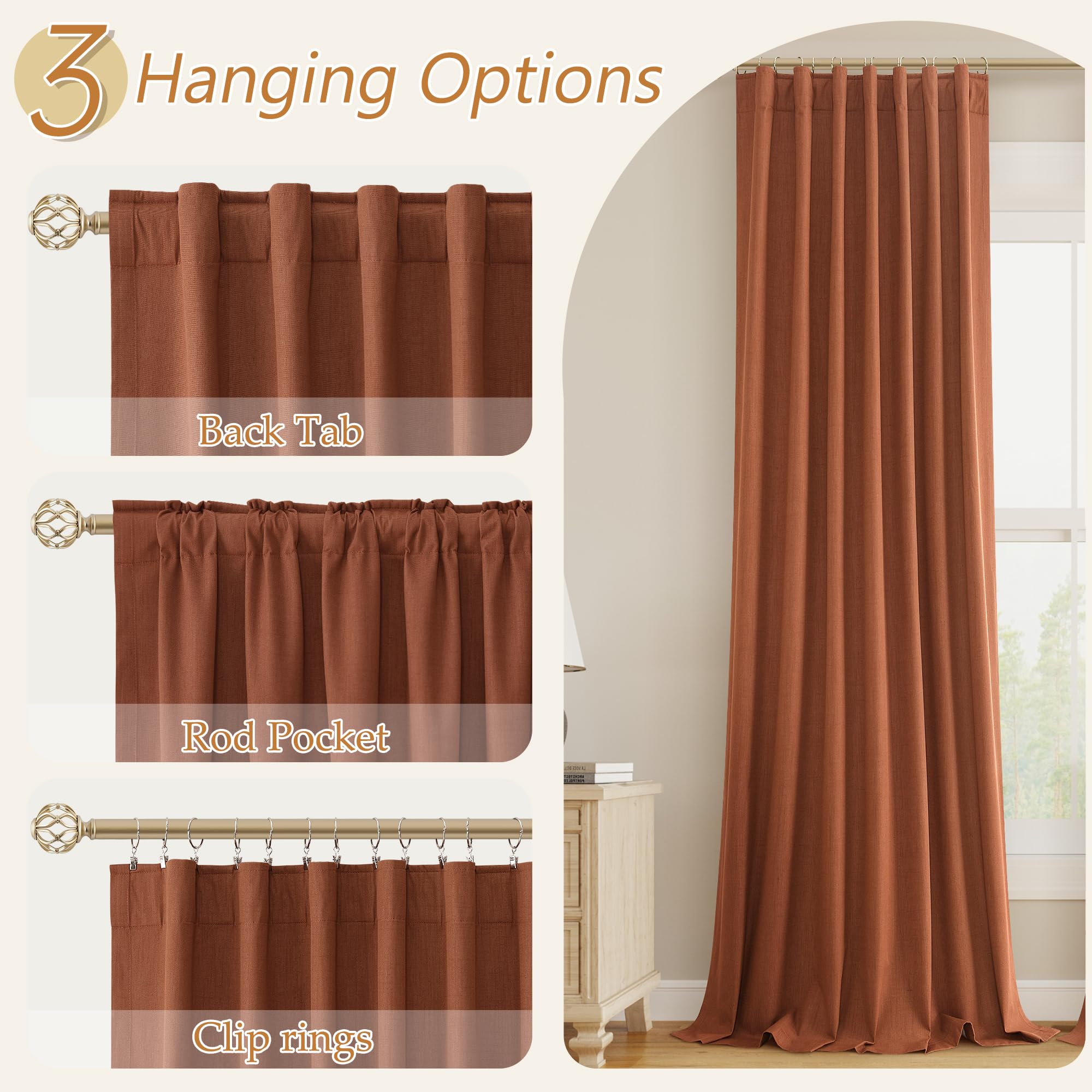Guken Terracotta 100% Blackout Curtains 84 Inch Length 2 Panels Set Fall Curtains for Living Room Bedroom Back Tab Thermal Insulated Black Out Linen Drapes，52x84