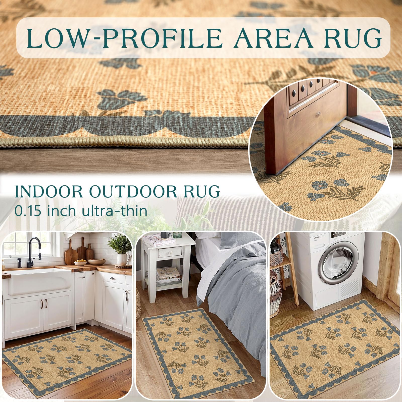 Othilic Front Door Mat Outside Entrance - 2x3 Floral Non-Slip Washable Doormat Indoor Outdoor Mat Jute-Look Farmhouse Blue Scalloped Entry Rug Small Throw Rugs for Entryway Kitchen Front Porch Decor