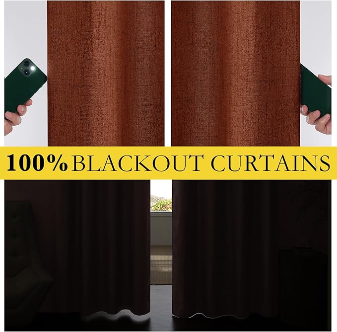 NICETOWN 100% Absolutely Blackout Linen Curtains with Thermal Insulated Liner, 62" Wide, 2 Panels, 84" Long Drapes, Grommet Retro Burnt Orange Linen Curtains Vertical Drapes Privacy for Bedroom