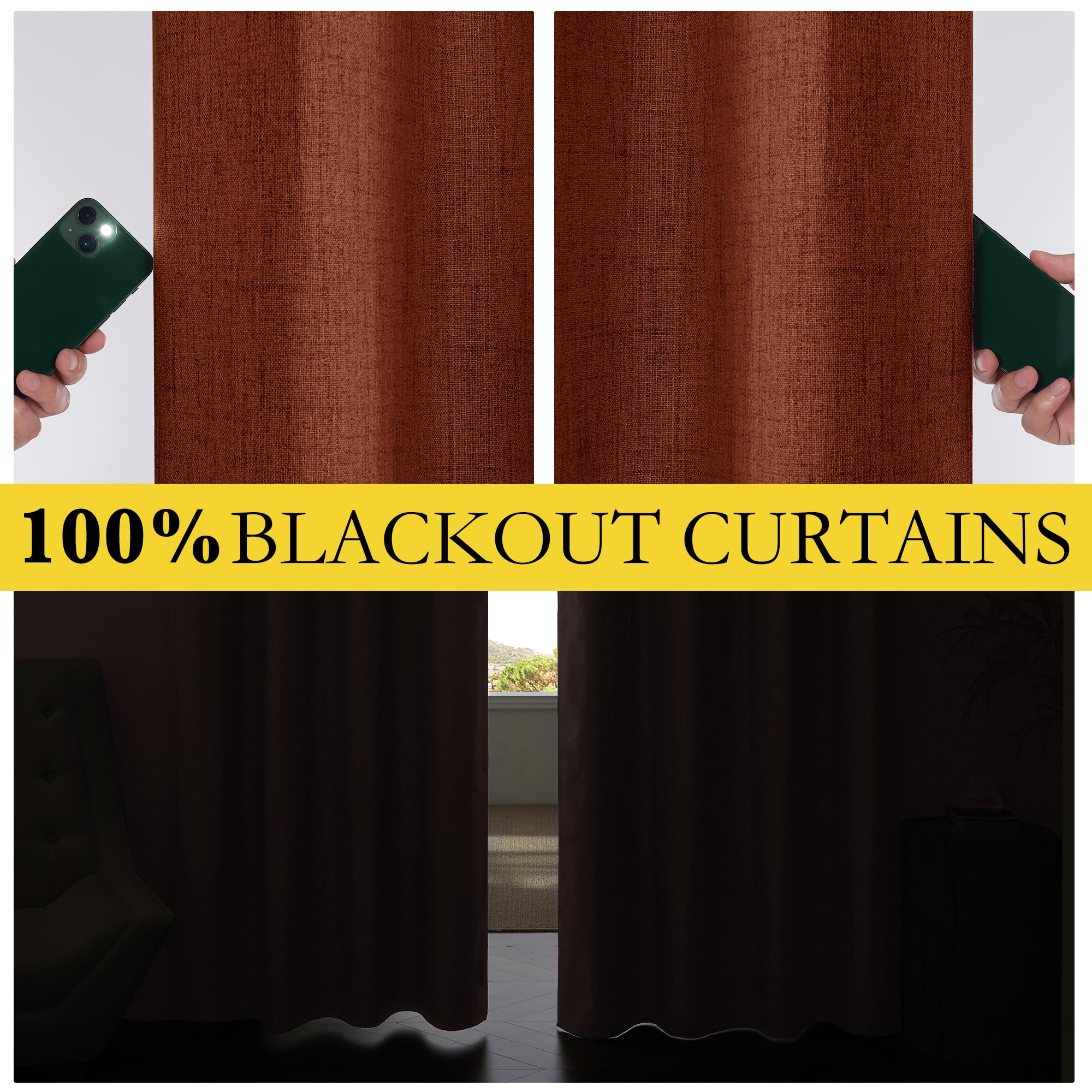 NICETOWN 100% Absolutely Blackout Linen Curtains with Thermal Insulated Liner, 62" Wide, 2 Panels, 120" Long Drapes, Grommet Retro Burnt Orange Linen Curtains Vertical Drapes Privacy for Bedroom