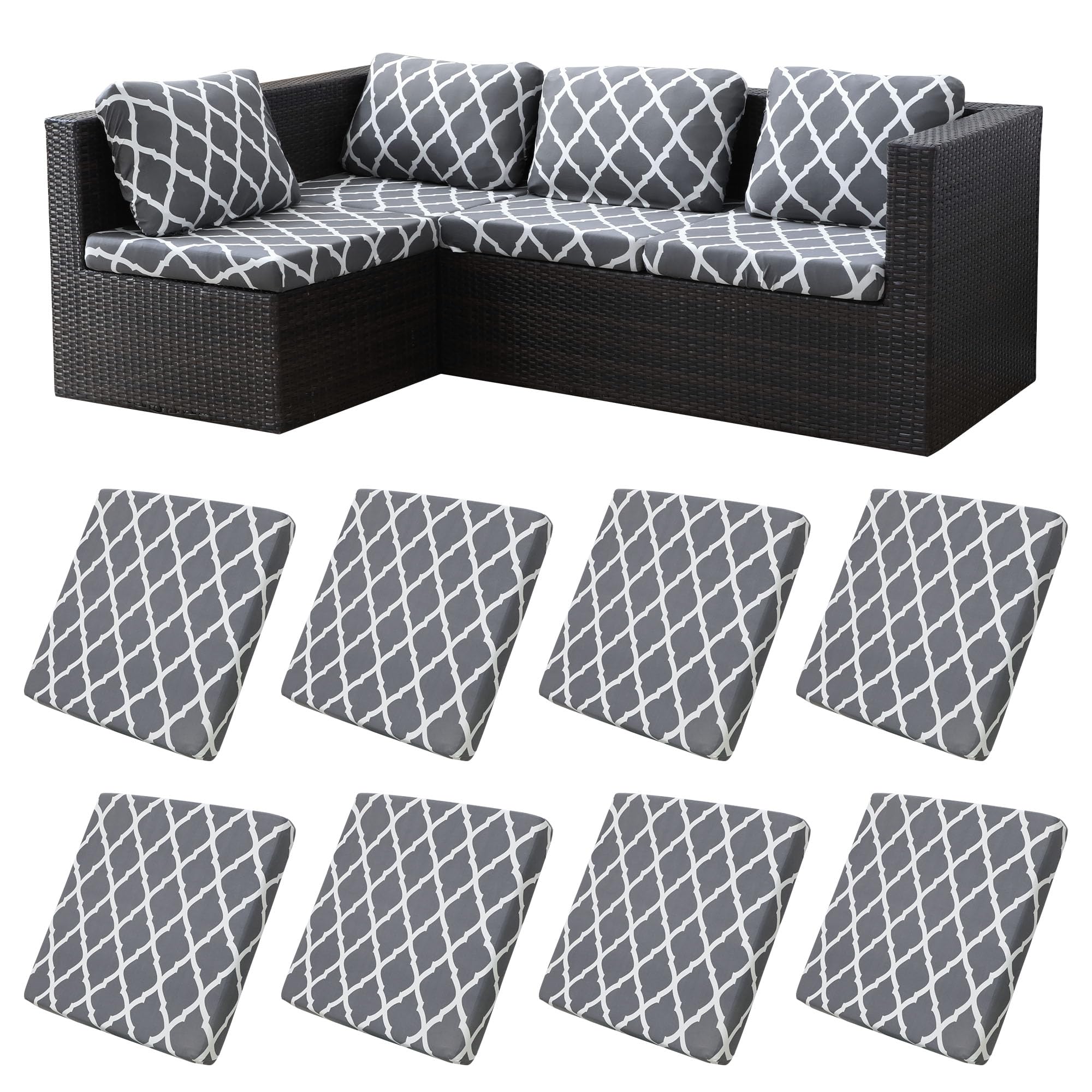 8 Piece Outdoor Cushion Covers, Patio Sofa Cushion Covers, Stretch Fit