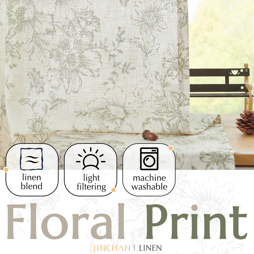 jinchan Vintage Floral Linen Curtains 84 Long for Living Room 2 Panels