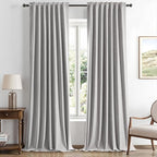 MIULEE 100% Blackout Linen Curtains for Bedroom, Greyish White Solid Luxury Decor Thermal Insulation Room Darkening Drapes for Living Room Nursery Back Tab Rod Pocket 42 x 96 Inches, 2 Panels