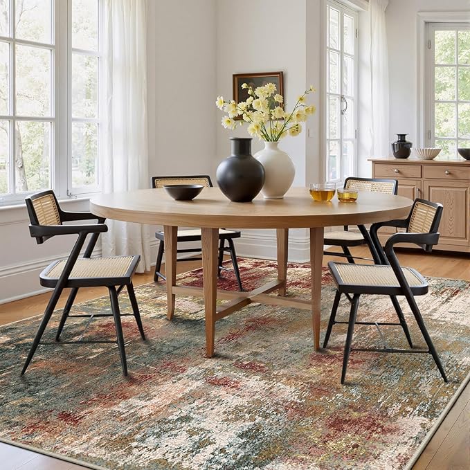 Washable Area Rugs 6'x8' Non-Slip Modern Abstract Soft for Living Room Entryway Bedroom Nursery, Print Pattern, Brown Rust Red Green Blue Multi