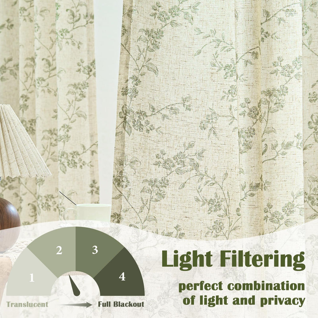 Lazzzy Green Vintage Floral Linen Curtains Farmhouse 50W X 90L 2 Panels