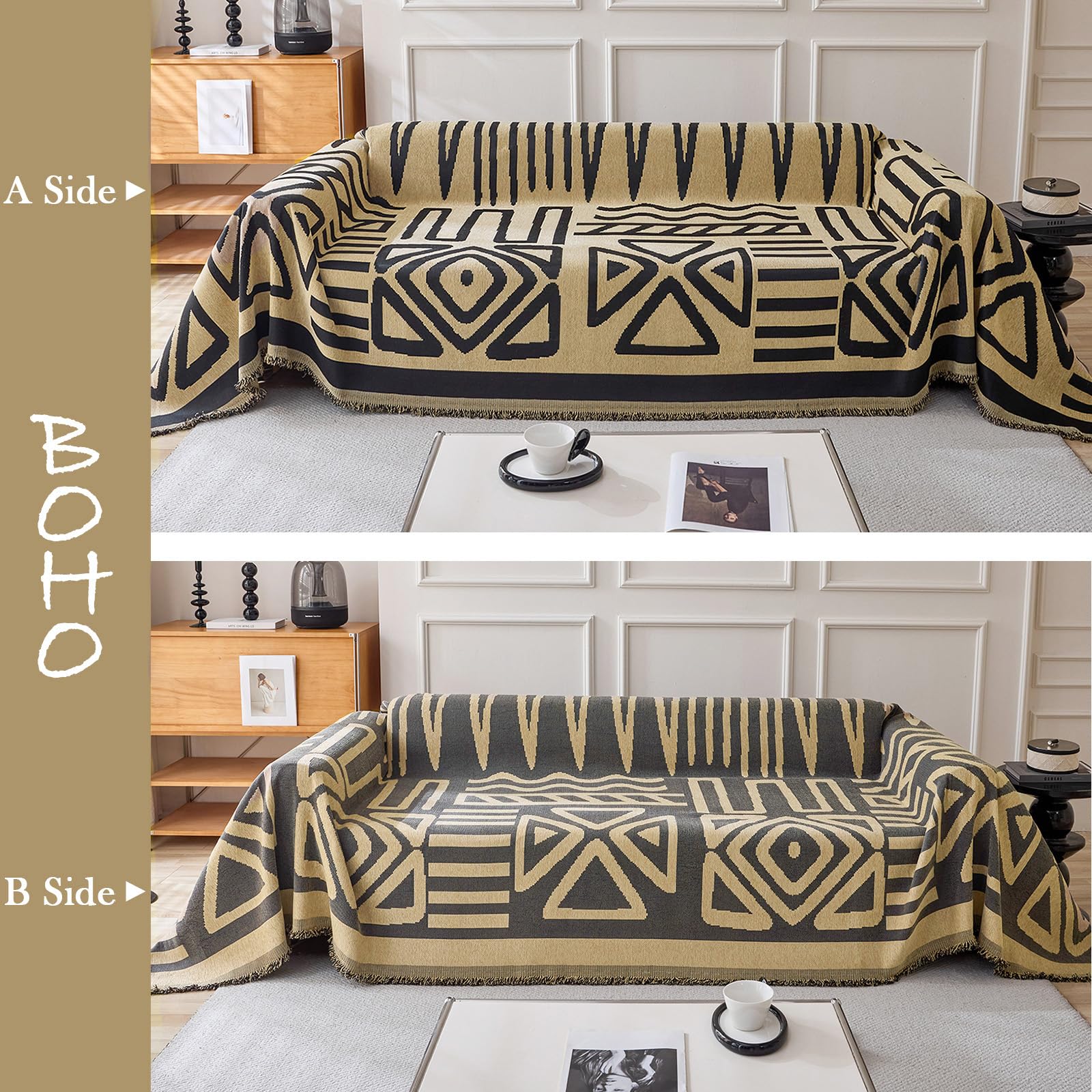HANDONTIME Boho Geometric Couch Covers for Sofa Pet Friendly Taupe and Black Sofa Covers Washable Chenille Couch Blanket Cover for 3 4 Cushion Couches Pet Protector Furniture Cover Soft, 71" X 134"