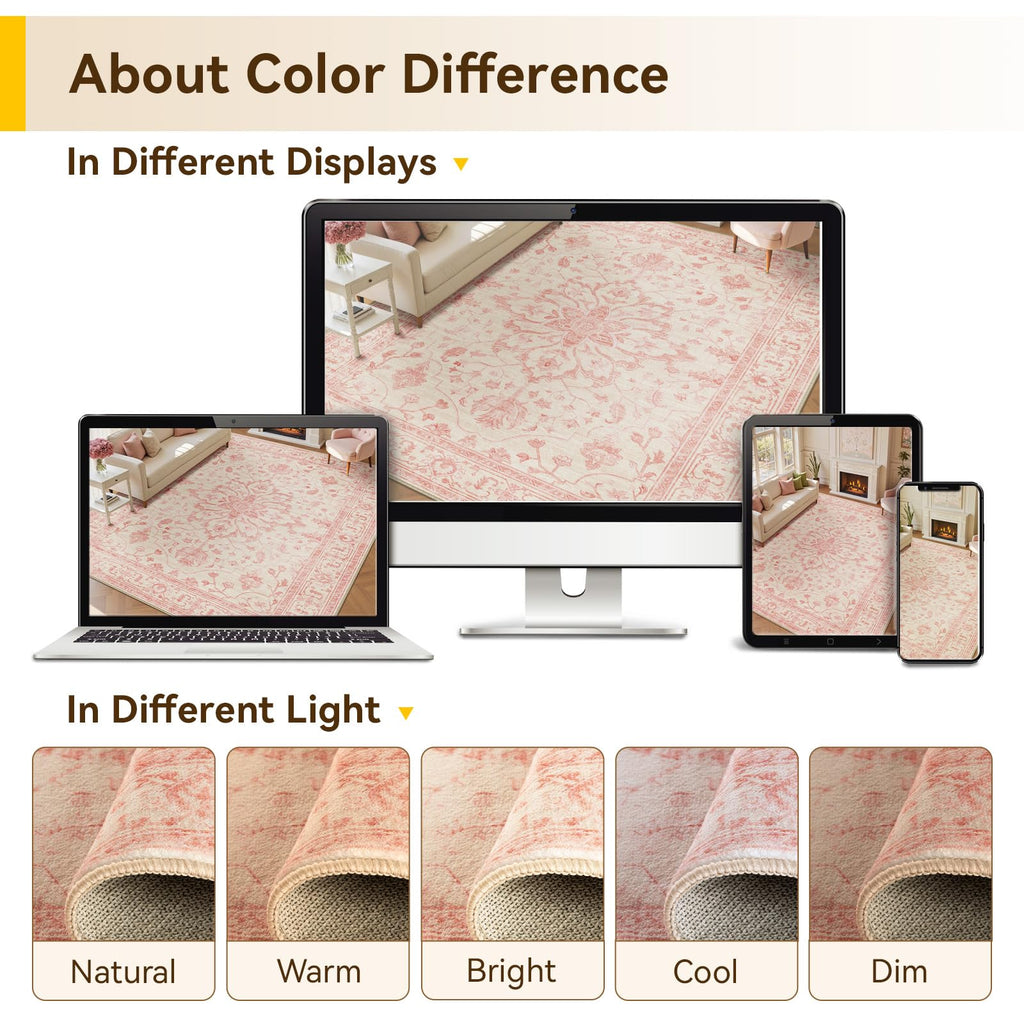 RELEANY Washable Area Rug, Runner 2'x6', Pink/Light Vintage Pink