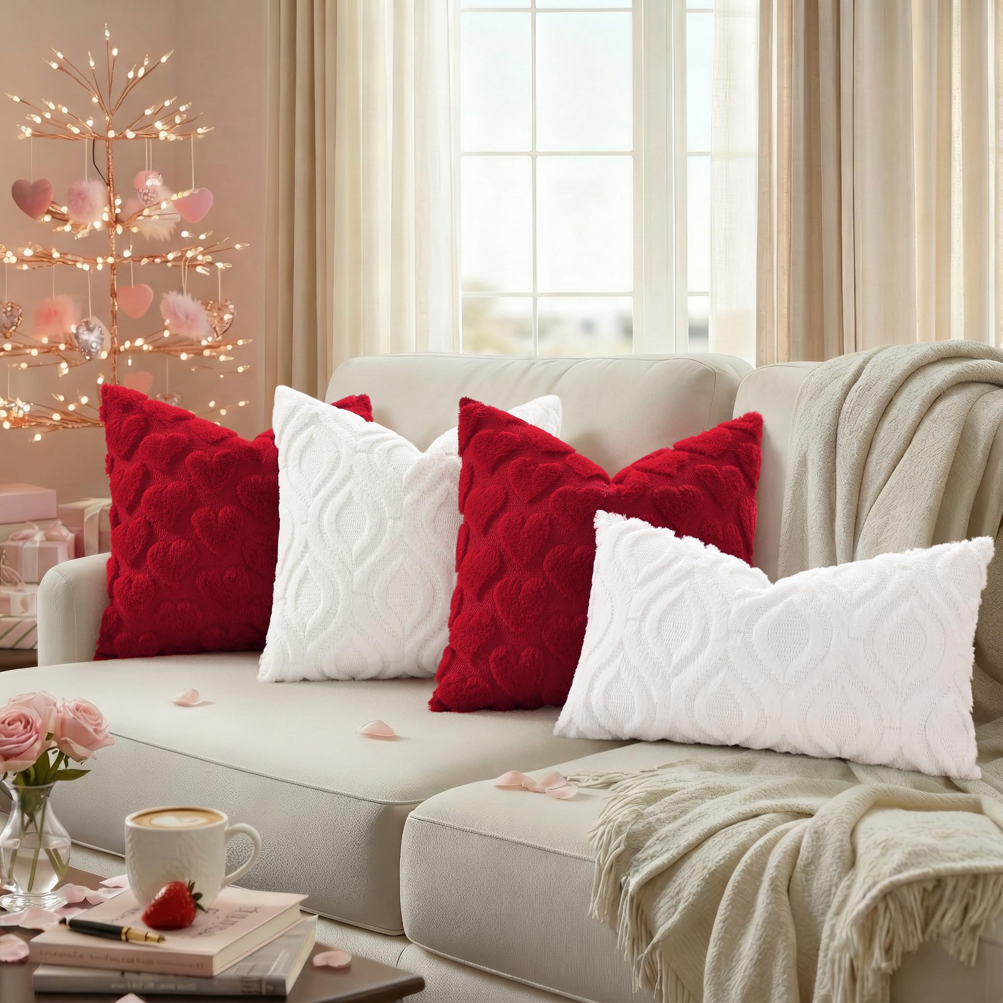 decorUhome Red Heart Cute Girl Faux Fur Throw Pillow Covers 18x18 Set of 2