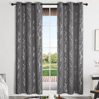 Deconovo Grey Blackout Curtains for Bedroom, Thermal Insulated Soundproof Drapes, Silver Branch Foil Print, 42 x 84 Inches Long, 2 Panels, Machine‑Washable Grommet Window Panel for Living Room Office