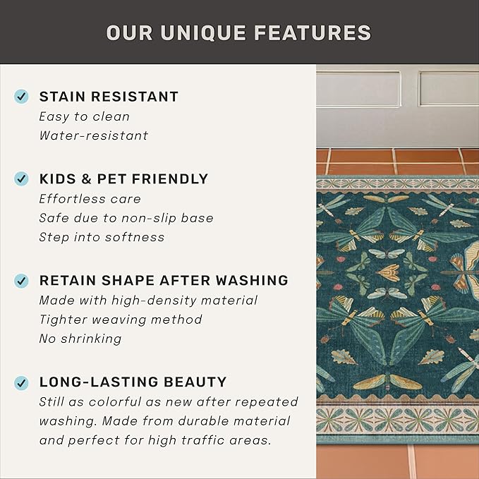 Hazo Haus Wide Runner Rug for Hallway 2'6"x8' - Green Runner Rug for Kitchen, Hall Way, Washable Foldable Boho Insect Deor