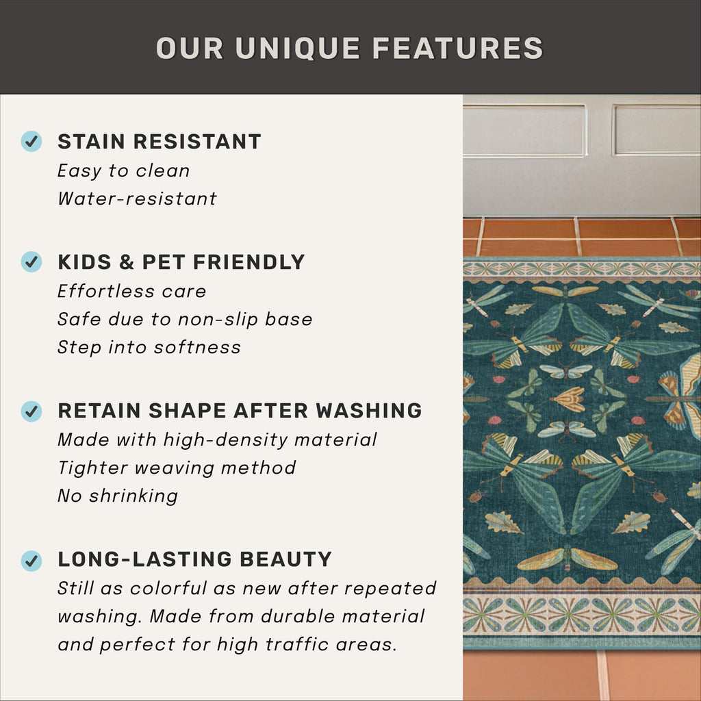 Hazo Haus 9x12 Large Living Room Rug - Dark Teal Multi Dining Room Rugs for Under Table, Bedroom, Kids Room, Classroom, Insect Butterfly Floral Décor, Lightweight Non Slip Low Pile