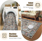 Washable Area Rug 5' x 7' Vintage Traditional Persian Mat - Foldable Distressed Non-Slip Machine Washable Carpet for Living Room Bedroom Kitchen Home Decor - Slate and Multicolor