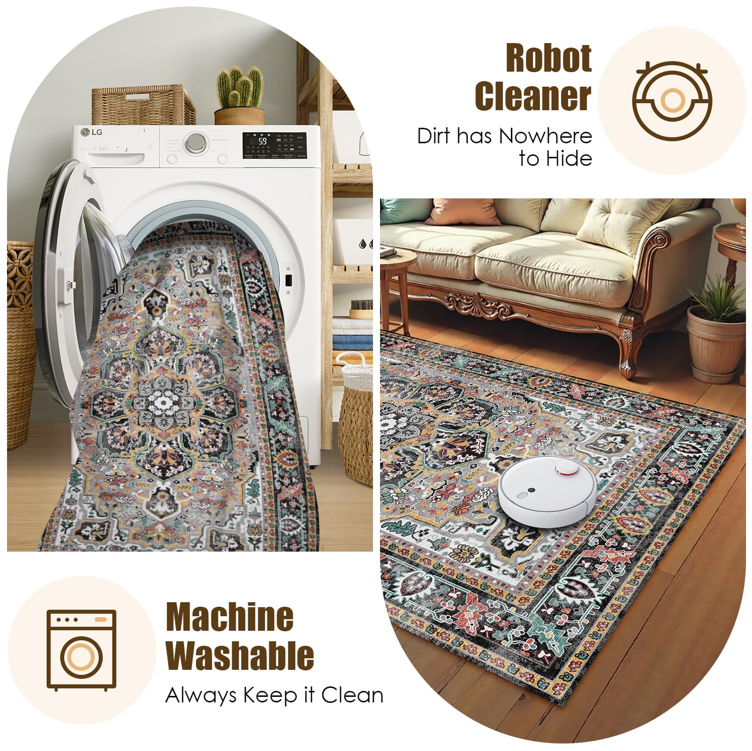 Washable Area Rug 3' x 5 ' Vintage Traditional Persian Mat - Foldable Distressed Non-Slip Machine Washable Carpet for Living Room Bedroom Kitchen Home Decor - Slate and Multicolor