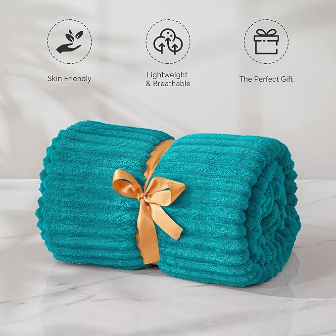 BEDELITE Ribbed Jacquard Ocean Blue Fleece Twin Blanket for Bed, 60x80 Inch