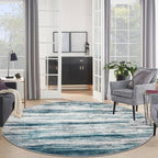 KOZYFLY Round Washable Rugs 6Ft Modern Abstract Ombre Rug for Bedroom, Washable Circle Rug Non-Slip Soft Striped Living Room Area Rug, Print Blue Carpet for Laundry Nursery