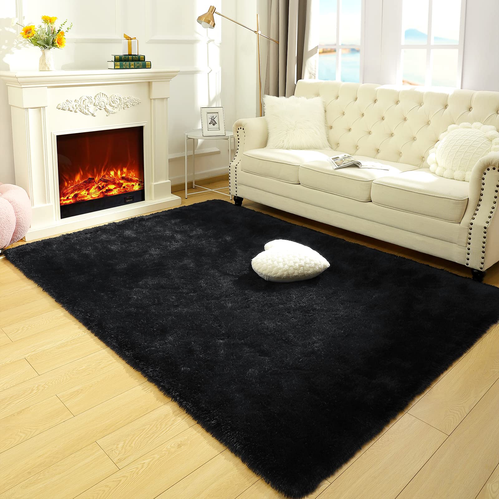 LOCHAS 5x8 Area Rugs Fluffy Living Room Carpets for Kids Bedroom, Black