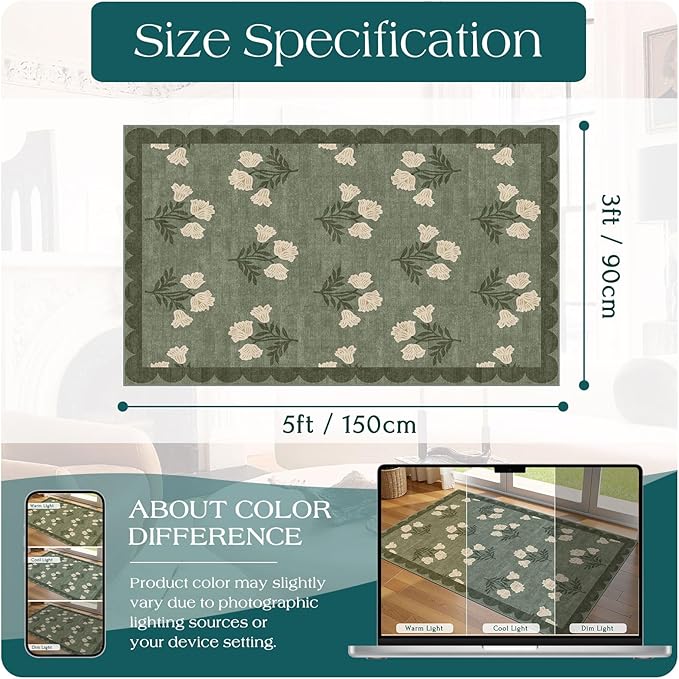 Othilic 3x5 Floral Entry Rug - Small Washable Indoor Outdoor Mats for Front Door Non-Slip Spring Porch Rug Sage Green Farmhouse Throw Rugs for Living Room Bedroom Entryway Kitchen Office Porch Decor